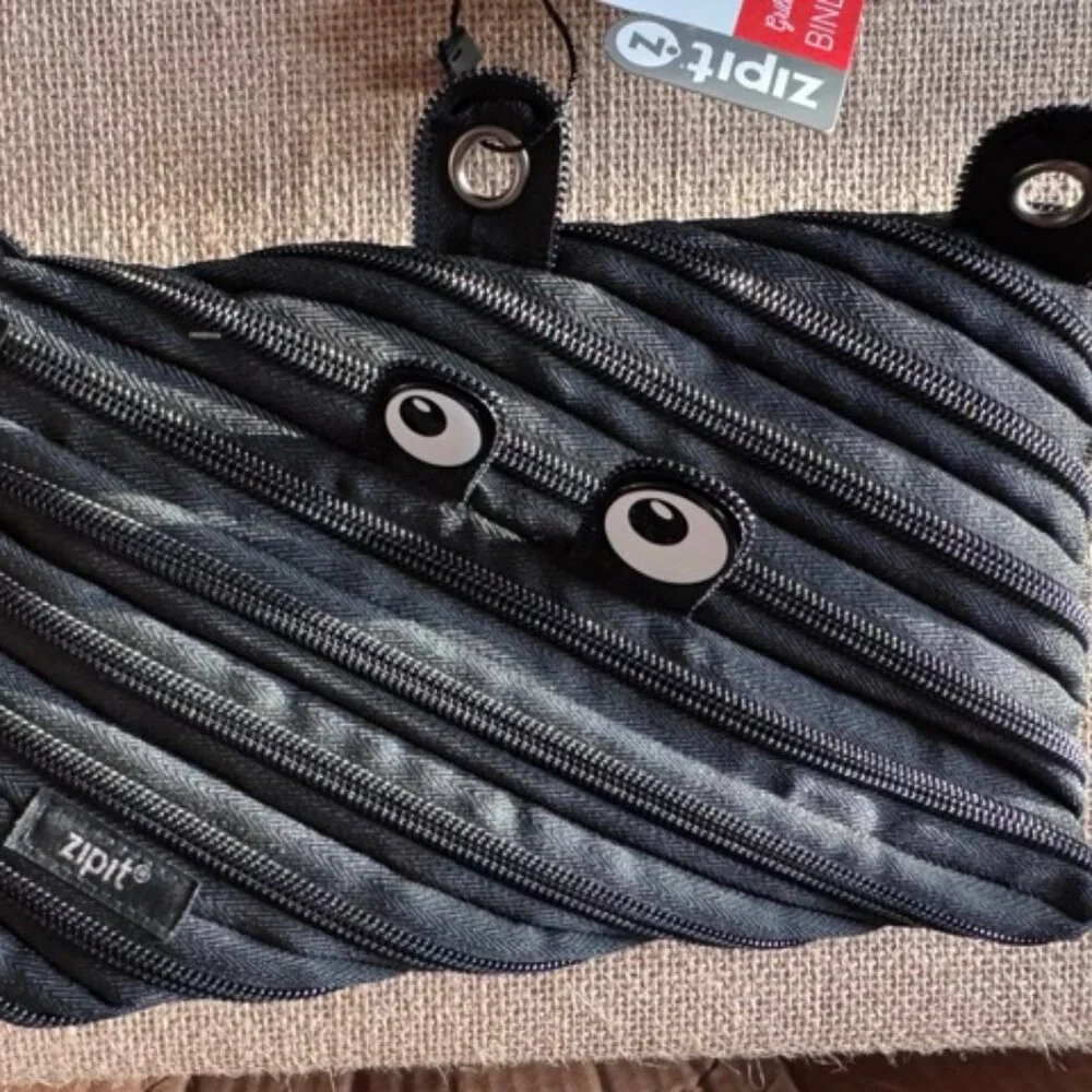 Zip It Binder Pouch (Pencil Bag) - Black with Gold Zipper Mouth & Eyes
